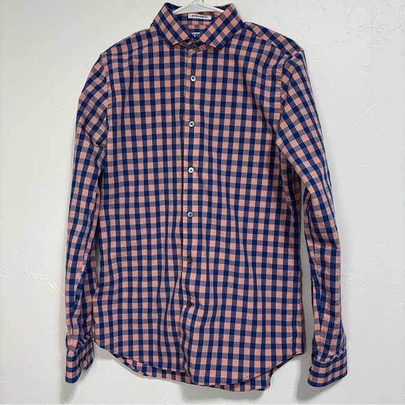 Express Men Button Front Extra Slim Fit Medium 15-15 1/2 Plaid Checked Blue - Picture 1 of 5